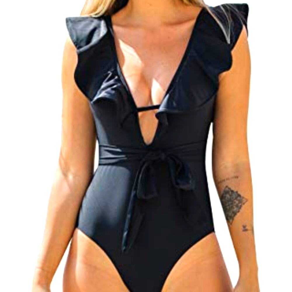 Sporlike New Black‎ Swimsuit One Piece Deep V Ruffle Bathing Suit Women's Size M